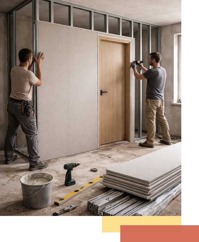 Перегородка из гипсокартона с дверью под ключ в Зеленодольске