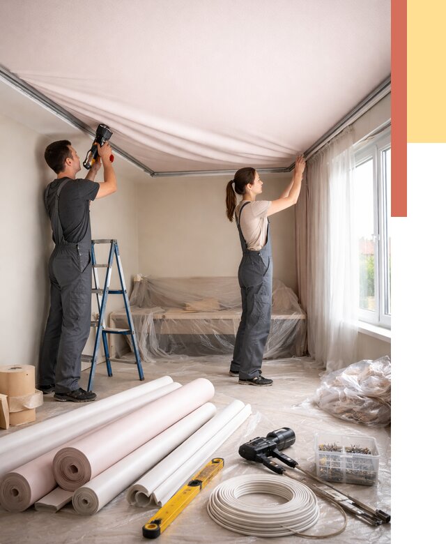 Монтаж цветного натяжного потолка в Зеленодольске от 4347 руб/м² — быстро и недорого | ОТДЕЛОЧНИК-Злн